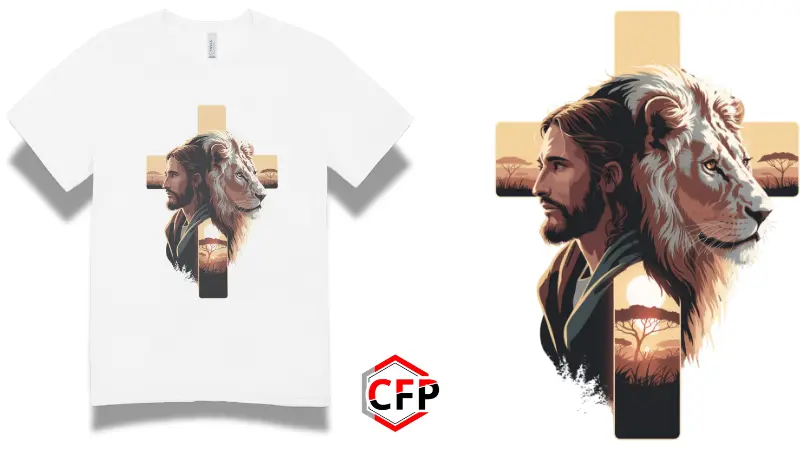 Suéter blanco con diseño de Jesús y león, cruz con paisaje africano al atardecer, simbolizando esperanza. Producto de CFP.
